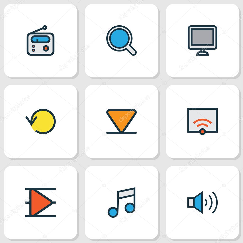 Iconos de medios de comunicación de color conjunto de líneas con ...
