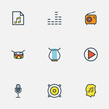 Müzik simgeleri renkli çizgi ile set davul, başlatma, dizeleri ve diğer sevgilisi öğeleri. İzole vektör illüstrasyon müzik simgeleri.