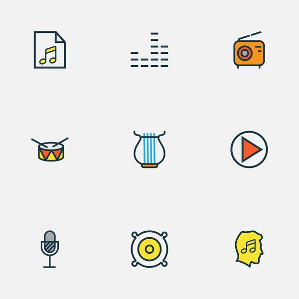 Iconos de música de color conjunto de líneas con tambor, inicio, cuerdas y otros elementos amantes. Iconos de música de ilustración vectorial aislado . — Archivo Imágenes Vectoriales