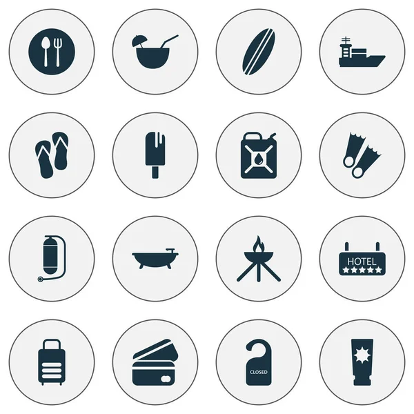 Conjunto de iconos turísticos con tarjeta de crédito, paleta, hotel y otros elementos del tanque submarino. Iconos de turismo de ilustración vectorial aislado . — Vector de stock