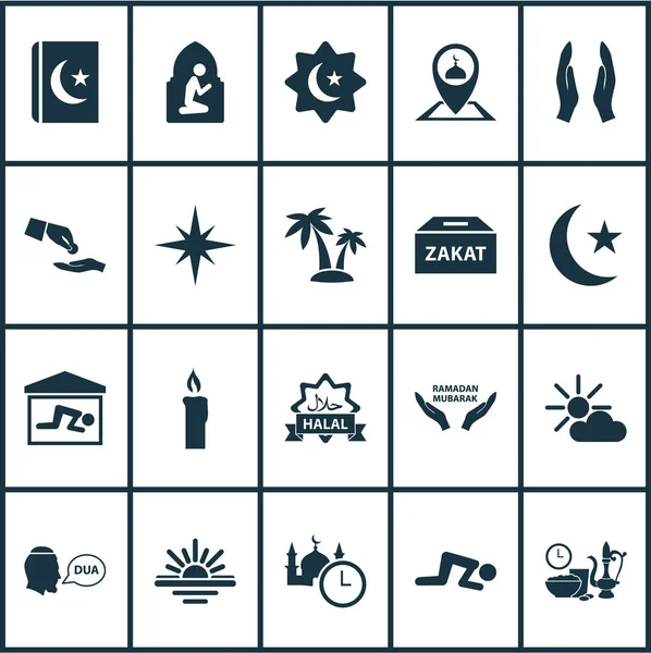 Dovolená ikony nastavit s palmami, měsíc, kniha islámu a jiné prvky pole peníze. Izolované vektorové ilustrace holiday ikony. — Stockový vektor