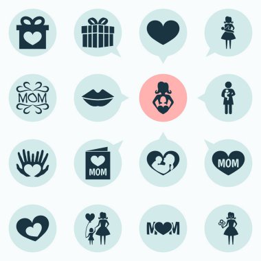 Anneler günü simgesi tasarım konsepti. Metin, Bebek ve bebek 16 gibi öğeleri kümesi. Kalp, anne ve metin için güzel sembolleri.