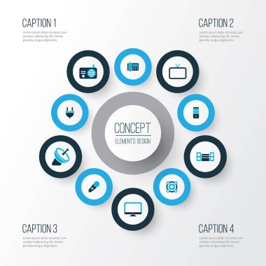 Teknoloji simgeleri kablosu, hoparlör, ses sistemi ve diğer mikrofon öğeleri kümesiyle renkli. İzole illüstrasyon teknoloji simgeleri.