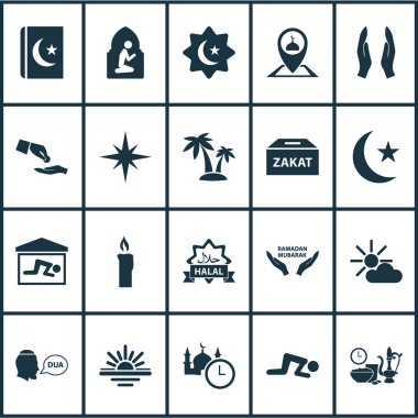 Avuç içi, moon, İslam'ın kitap ve diğer para kutusu öğeleri ile tatil Icons set. İzole illüstrasyon tatil simgeler.