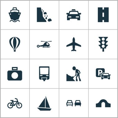 Taşıma simgeler düşen kaya, uçak, taksi ve diğer helikopter öğeleri ile ayarlayın. İzole illüstrasyon taşıma simgeler.