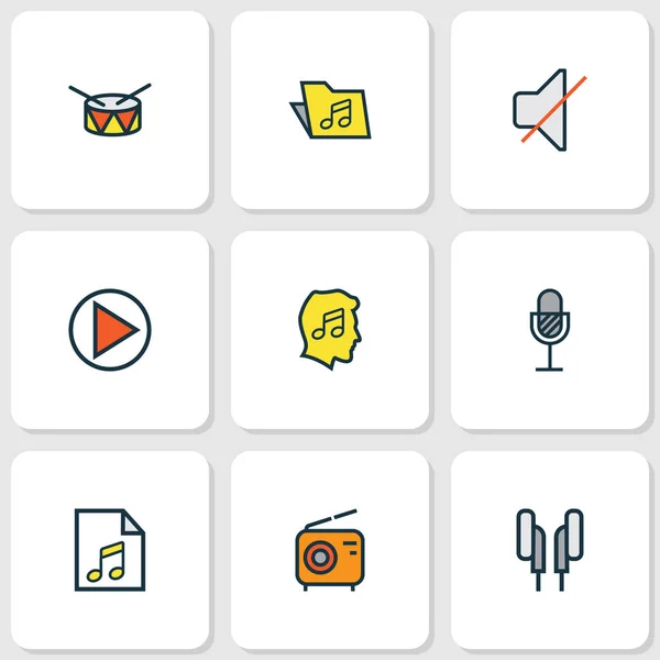 Audio icons colored line set with earphones, microphone, folder and other template  elements. Isolated  illustration audio icons.