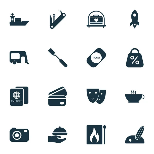Reisesymbole mit Reisepass, Kaffee, Multitool und anderen Surfbrettelementen. Ikonen der Illustration. — Stockfoto