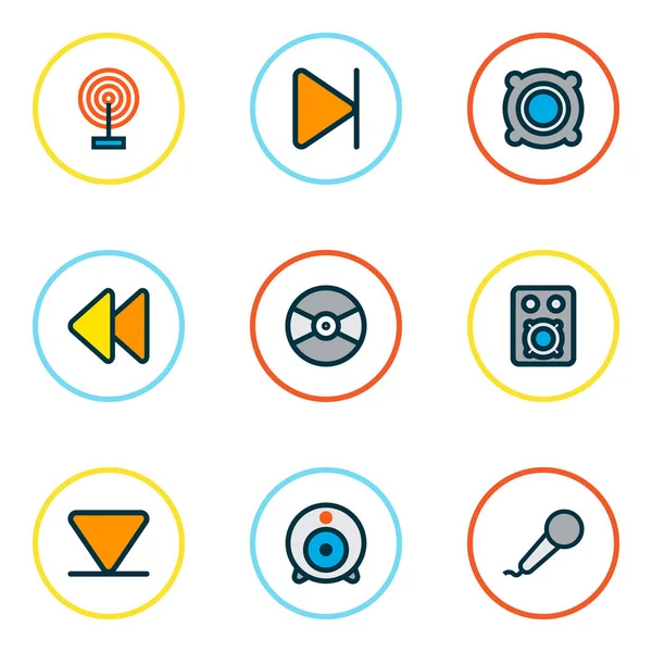 Music icons colored line set with broadcast, arrow down, amplifier and other broadcast elements. Isolated  illustration music icons.
