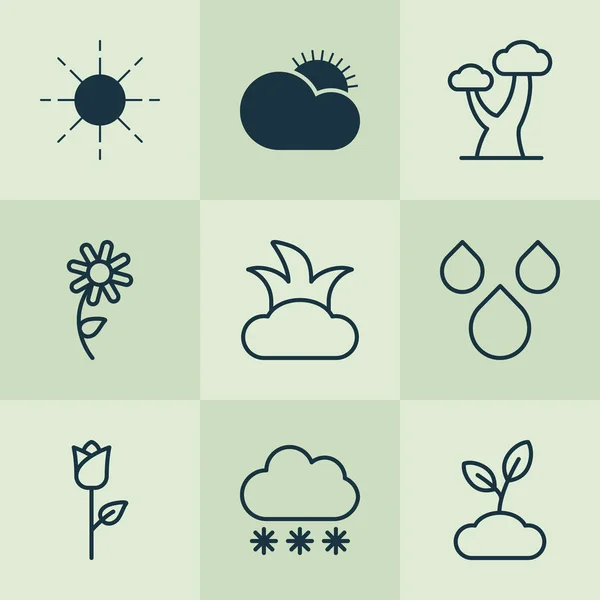 Nature icons set with big tree, rose, clear sunrise and other snowstorm elements. Isolated  illustration nature icons. — Stock Photo, Image