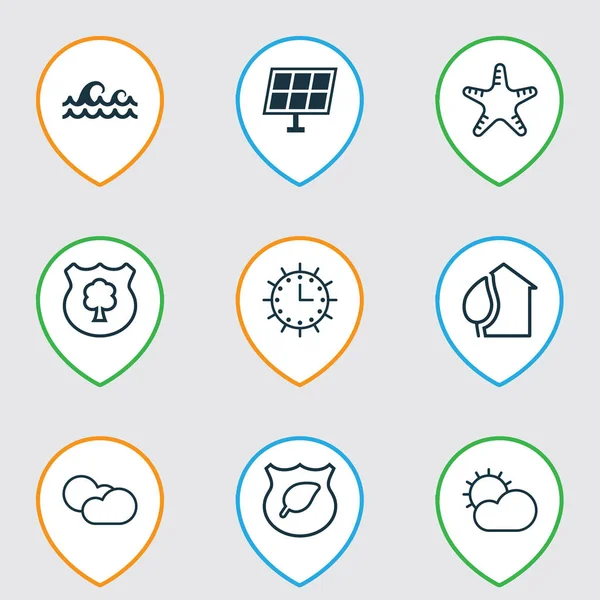Ecology icons set with water stream, solar time, protect forest and other sun power elements. Isolated  illustration ecology icons.