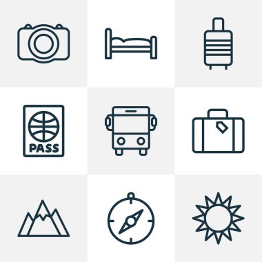 Yolculuk simgeler stil otobüs, pusula, bavul ve diğer Bagaj öğeleri kümesi satır. İzole vektör çizim yolculuk simgeler.