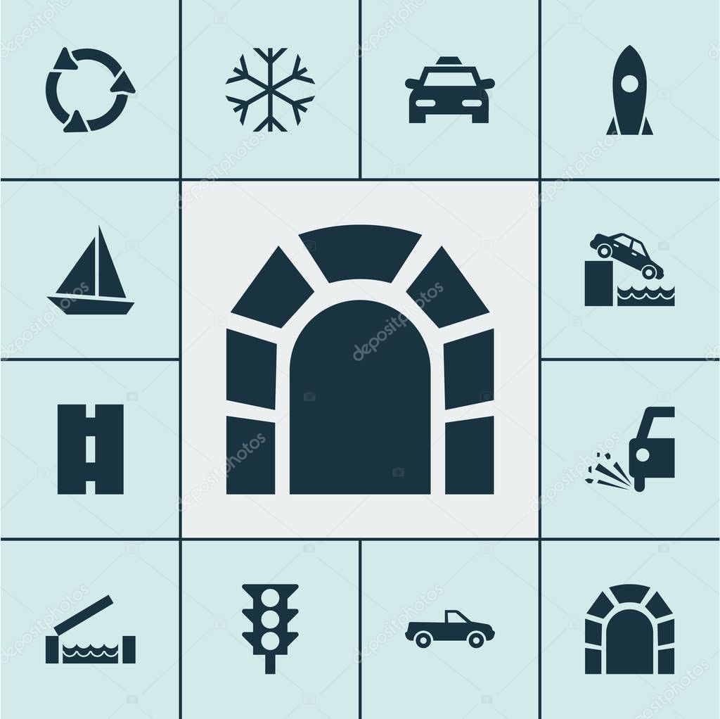 Transportation icons set with traffic light, risk, loose chipping and other recycle elements. Isolated vector illustration transportation icons.
