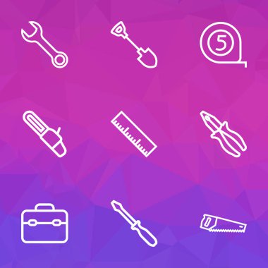Handtools simgeler stil araç kutusu ile kümesi satır, pense, İngiliz anahtarı ve diğer öğeleri gördüm. İzole illüstrasyon handtools simgeleri.