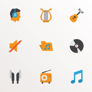 Müzik simgeleri ile sessiz, kompakt disk, müzik ve diğer erkek öğelerini stil kümesi düz. İzole illüstrasyon müzik simgeleri.