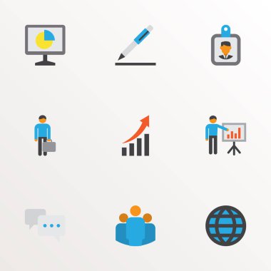 İş simgeleri stil takım, dünya, analytics ve diğer iş adamı öğeleri kümesi düz. İzole illüstrasyon iş ikonları/simgeleri.
