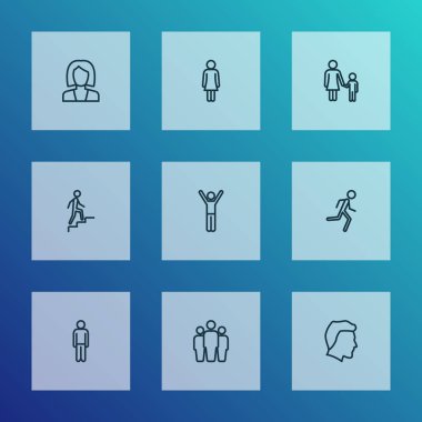 İnsanlar simgeler stil insan, mutluluk, Grup ve diğer kadın öğeleri kümesi satır. İzole illüstrasyon insanlar simgeler.