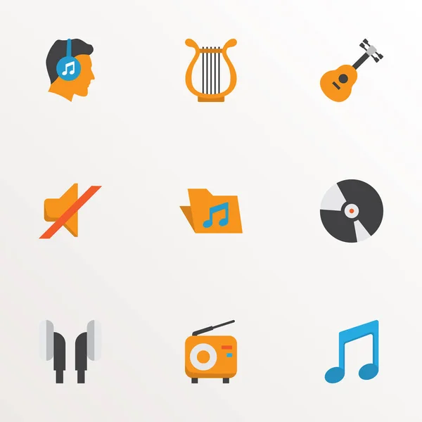 Icone musicali in stile piatto con silenzioso, compact disk, elementi musicali e altri elementi maschili. Isolate icone di musica illustrazione . — Foto Stock
