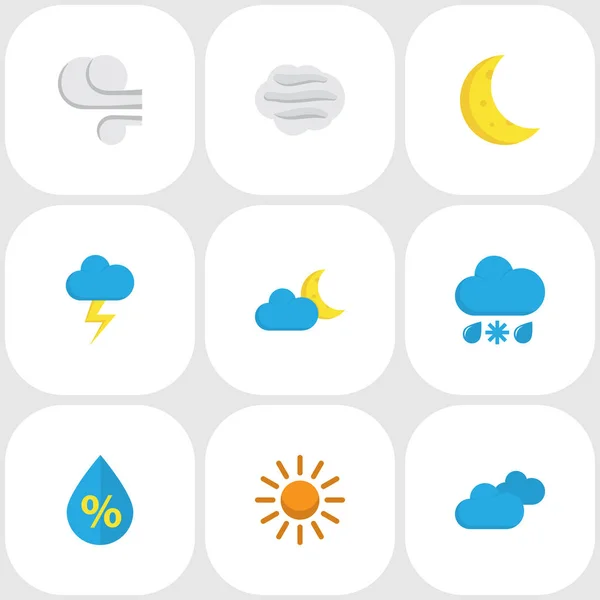 Iconos de aire de estilo plano con luna, goteo, nubes y otros elementos de caída. Iconos de aire de ilustración aislada . —  Fotos de Stock