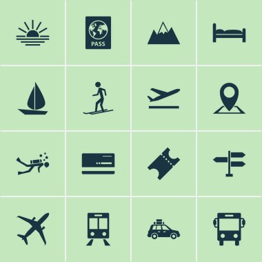 Yolculuk Icons set ile tren, Dalış, suv ve diğer arazi öğeleri ile. İzole vektör çizim yolculuk simgeler.