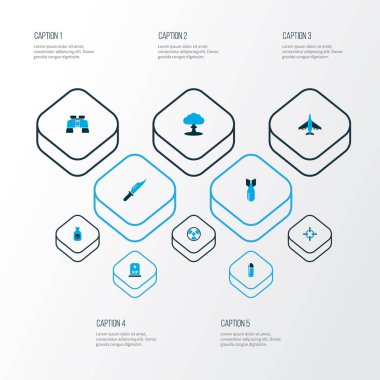 Savaş simgeler kümesi zehir, roka, radyasyon ve diğer amaç öğeleri ile renkli. İzole vektör çizim savaş simgeler.
