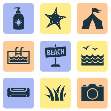 Yaz Icons set ile fotoğraf makinesi, Klima, plaj işareti ve diğer deniz yıldızı öğeleri ile. İzole vektör çizim yaz simgeler.