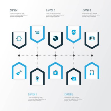 Müzik simgeler kümesi oktav, timbrel, dosya ve diğer vinil öğeleri ile renkli. İzole vektör illüstrasyon müzik simgeleri.