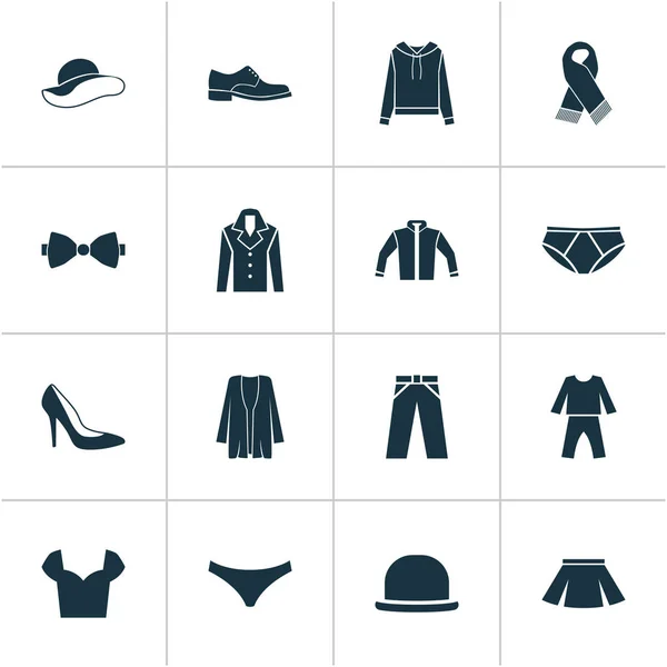 Conjunto de iconos de vestir con calzado masculino, chaqueta, bufanda y otros elementos de calzado del talón. Iconos de vestido de ilustración vectorial aislado . — Vector de stock