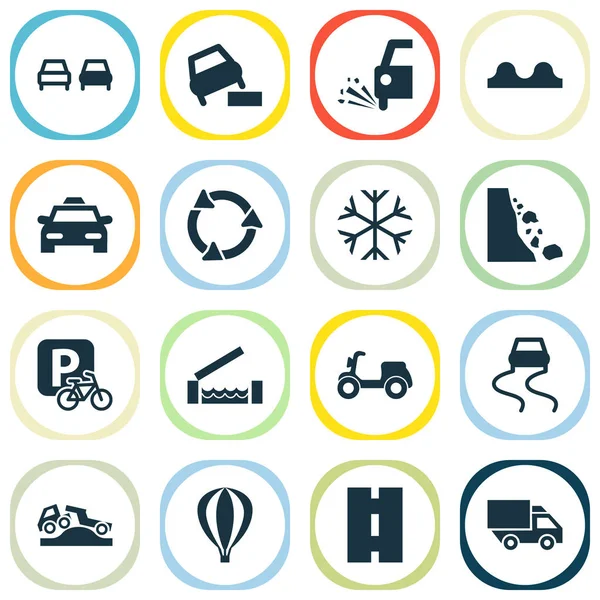Icone di trasporto impostato con strada, sciolto scheggiatura, ciclomotore e altri elementi di riciclaggio. Isolato vettoriale illustrazione icone di trasporto . — Vettoriale Stock