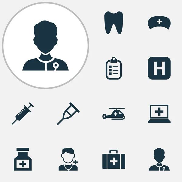 Iconos de medicina con estuche, medicina, dientes y otros elementos del pecho. Iconos de medicina de ilustración vectorial aislado . — Vector de stock