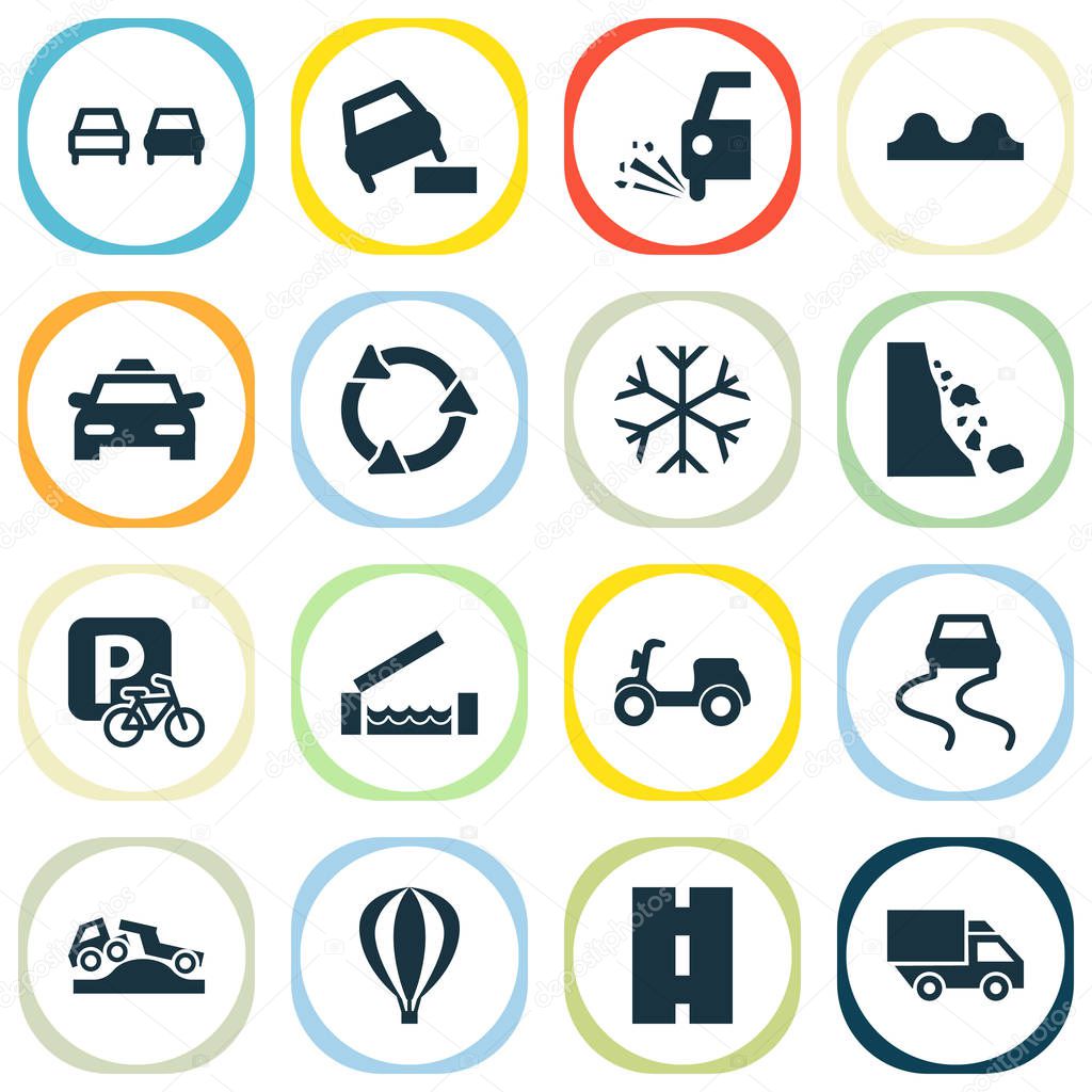 Transportation icons set with road, loose chipping, moped and other recycle elements. Isolated vector illustration transportation icons.