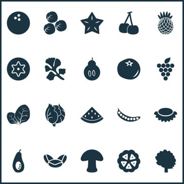 Sebze simgeler bezelye, kavun, kakao çekirdekleri ve diğer Hindistan cevizi öğeleri ile ayarlayın. İzole illüstrasyon sebze simgeler.