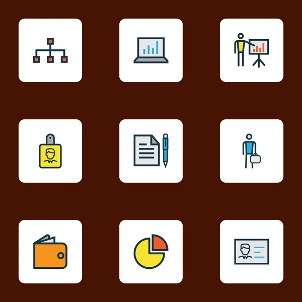 Handel ikoner färgad linje med kontrakt, anställd, bar diagram och andra nätdelar. Isolerade illustration handel ikoner. — Stockfoto