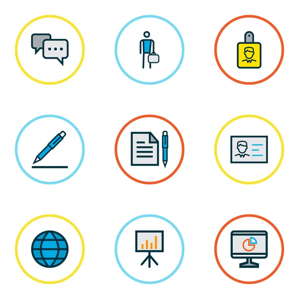 Iconos de comercio de color conjunto de líneas con los empleados, comentarios, datos financieros y otros elementos de lápiz. Iconos comerciales de ilustración aislada . — Foto de Stock