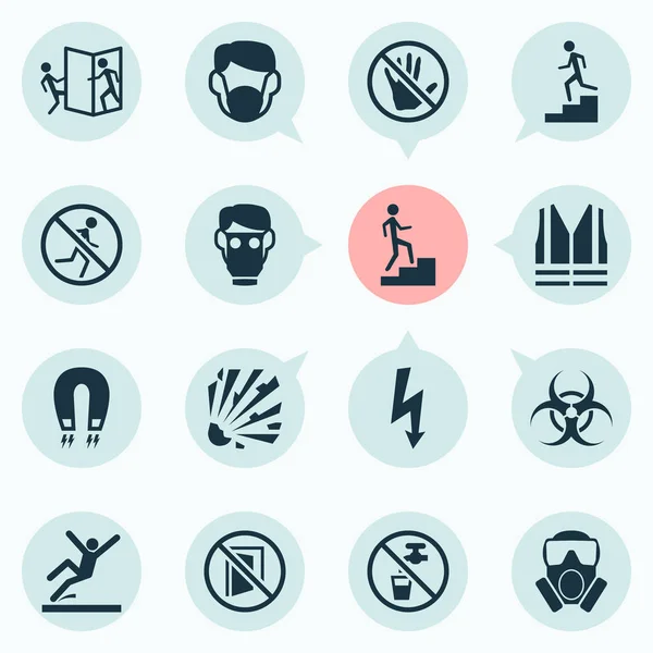 Safety icons set with not running, keep door closed, strong magnetic field and other electromagnetic elements. Isolated  illustration safety icons.