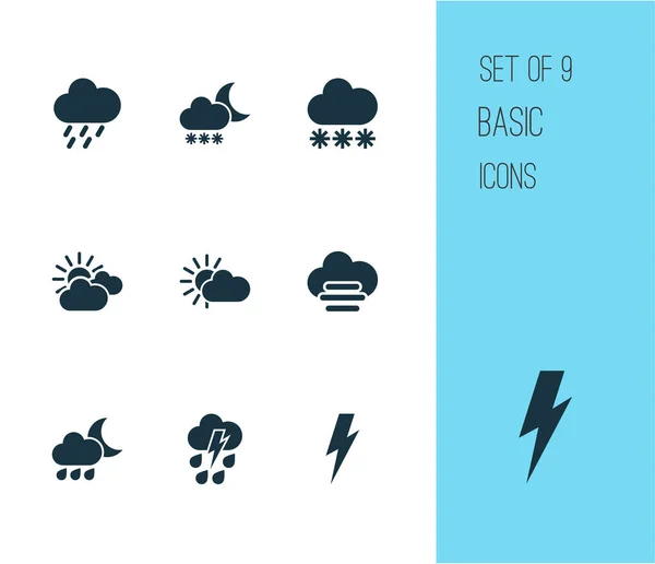 Icone meteo impostate con tramonto, temporale, neve e altri elementi prevalentemente nuvolosi. Isolate icone meteo illustrazione . — Foto Stock