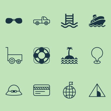 Turizm Icons set ile güneş gözlüğü, yüzme havuzu, pikap ve diğer Havzası merdiven öğeleri ile. İzole vektör çizim Turizm simgeler.