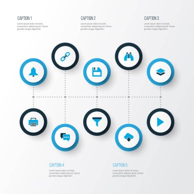 Bağlantı, yorum, katmanı ve diğer süzgeç öğeleri kümesiyle renkli simgeler arabirim. İzole vektör çizim arayüzü simgeler.
