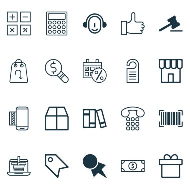 Ecommerce simgeleri ile ayarla, mesela doları banknot ve karton diğer öğeleri hesaplamak. İzole vektör çizim ecommerce simgeleri.