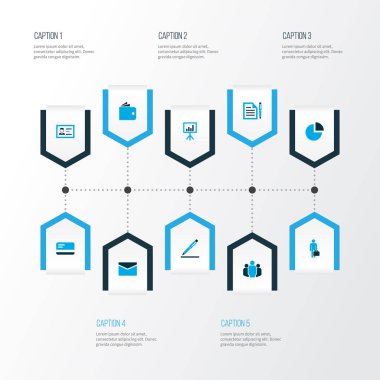 Ticaret simgeler kümesi cüzdanınızdan, sunu kurulda, anlaşma ve diğer belge kalem elemanları ile renkli. İzole vektör çizim ticaret simgeler.