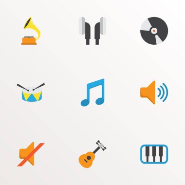 Müzik simgeleri stil kümesi kulak muffs, kompakt disk, müzik ve diğer akustik öğeleri ile düz. İzole vektör illüstrasyon müzik simgeleri.