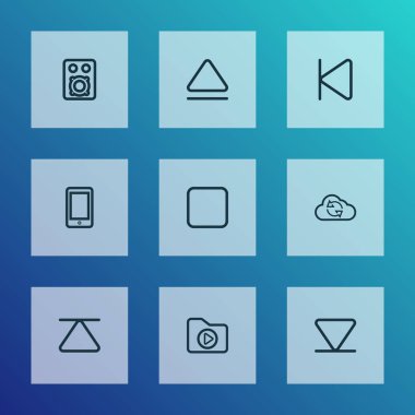 Müzik simgeleri çizgi stili ile smartphone, ok aşağı, ayarla çıkarın ve diğer öğeleri dışarı atmak. İzole vektör illüstrasyon müzik simgeleri.