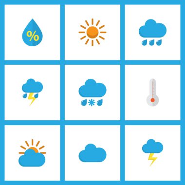 Hava simgeleri düz stil yıldırım, bulutlu, yağmurlu ve diğer bulut öğeleri ile ayarlayın. İzole vektör çizim hava simgeleri.