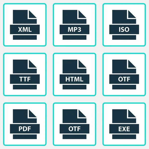 Bestandspictogrammen ingesteld met ttf, exe, iso en andere XML-elementen. Geïsoleerde vector illustratie bestandspictogrammen. — Stockvector