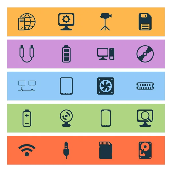 Conjunto de iconos de ordenador con cable USB, wifi, webcam y otros elementos de signo acumulador. Iconos de computadora de ilustración vectorial aislado . — Vector de stock
