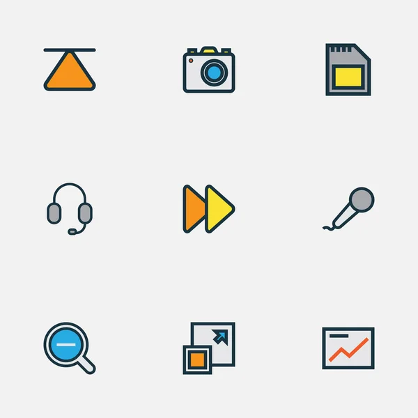 Iconos de medios de comunicación de color conjunto de línea con auriculares, karaoke, tarjeta SD y otros elementos de la cámara. Iconos de medios de ilustración vectorial aislado . — Archivo Imágenes Vectoriales