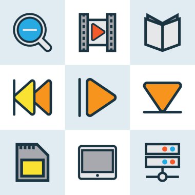 Müzik simgeleri renkli çizgi ile yukarı doğru ok aşağı, sinema ve diğer alt öğeleri ayarlayın. İzole vektör illüstrasyon müzik simgeleri.