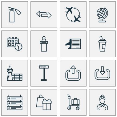 Havaalanı işareti, yön okları, Bagaj arabası ve diğer sinek öğelerin etrafında Havaalanı Icons set. İzole vektör çizim Havaalanı simgeler.