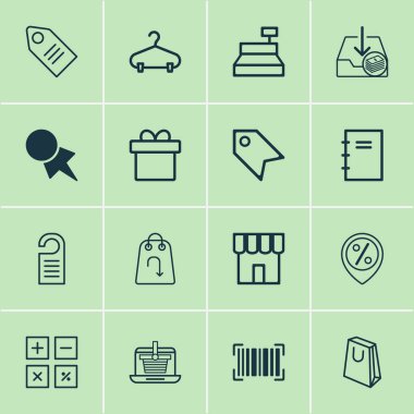 Barkod, kağıt etiket, etiket ve diğer bilet öğeleri ile ticaret Icons set. İzole vektör çizim ticaret simgeler.