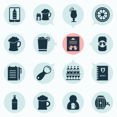 İç Icons set kolu ile buz, çubuğu menüsü ve diğer pub kitap öğeleri ile viski. İzole vektör çizim içki simgeler.