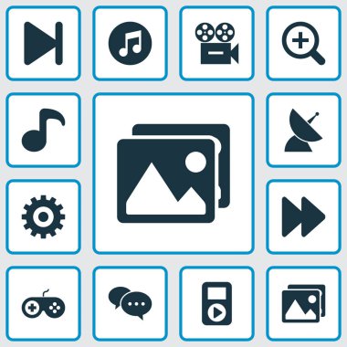 Üç aylık dönem, yorum, end ve diğer dişli elemanları ile Medya Icons set. İzole vektör çizim medya simgeler.